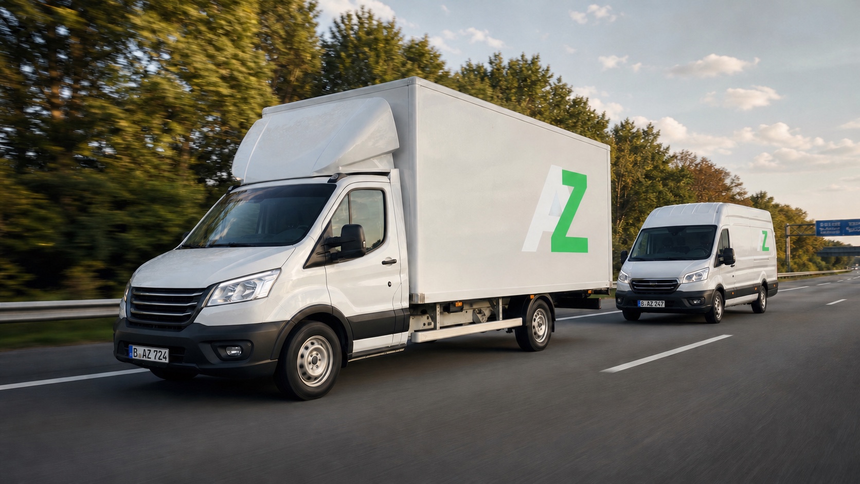Zwei weiße Fahrzeuge der AZ Transport & Umzug Flotte auf einer deutschen Autobahn