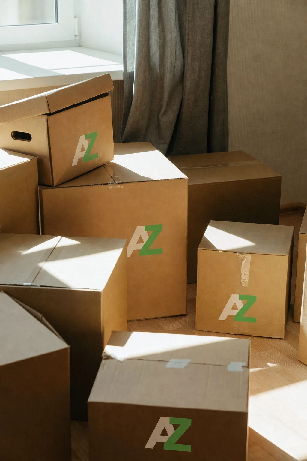 Umzugskartons stehen geordnet im natürlichen Licht einer leeren Wohnung